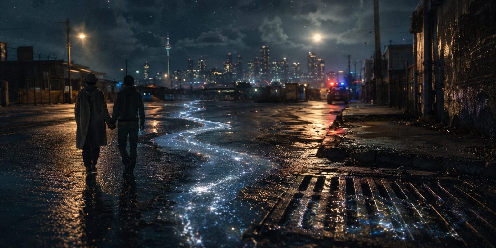 Two people walk hand in hand on a wet street at night as Nature & Reflection glow in a starry trail toward the Zulu city skyline.