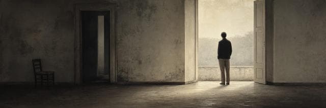 A person stands in an empty room, looking out a large doorway toward nature; a single chair sits nearby.