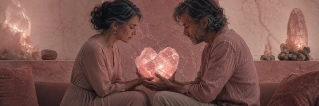 Two people face each other, holding a glowing heart-shaped crystal in a pink room filled with sparkling crystals.