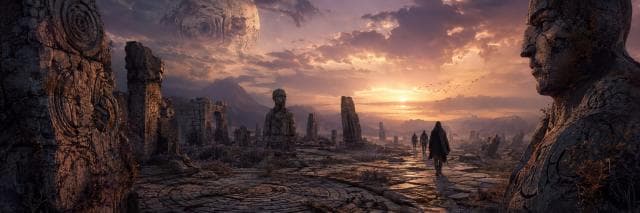 Ruined stone statues and pillars under a sunset sky, with three figures walking beneath a large orb.