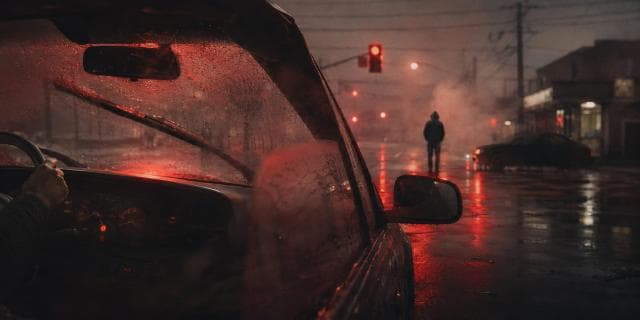 Red lights reflect on rain-soaked streets as a solitary person stands in the crosswalk, conveying resilience and determination.