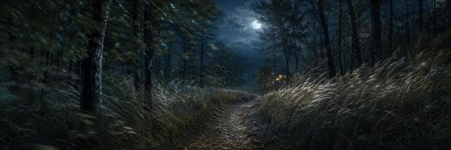 A moonlit forest path leads to a small house with glowing windows, surrounded by tall grass and trees at night.