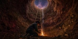 A person lights a fire at the bottom of a deep hole, with a whimsical ladder reaching up toward starry skies.
