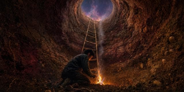 A person lights a fire at the bottom of a deep hole, with a whimsical ladder reaching up toward starry skies.