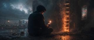 A person sits on a rooftop at dusk, holding a lit match beside a burning ladder leading into chaos inside a damaged building.
