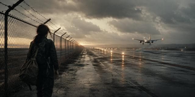 A person with a duffel bag stands by a fence on a wet runway as an airplane lands nearby.