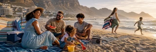 Family having a beach picnic while children play at sunset, with mountains in the background.
