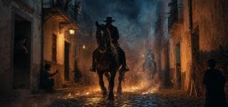 A person in a hat rides a horse along a cobblestone street at night, with smoke, sparks, and onlookers suggesting chaos.
