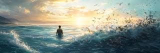 A person stands in the ocean at sunrise, surrounded by flying birds and drifting musical notes.