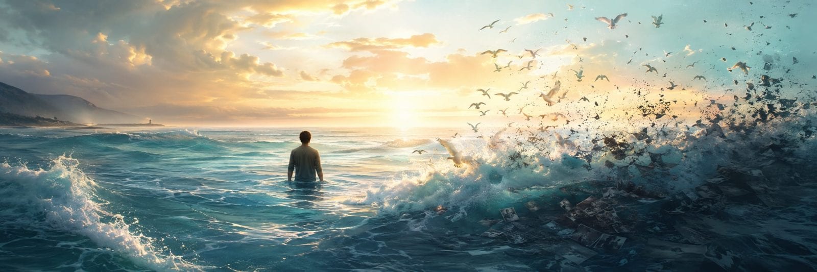 A person stands in the ocean at sunrise, surrounded by flying birds and drifting musical notes.
