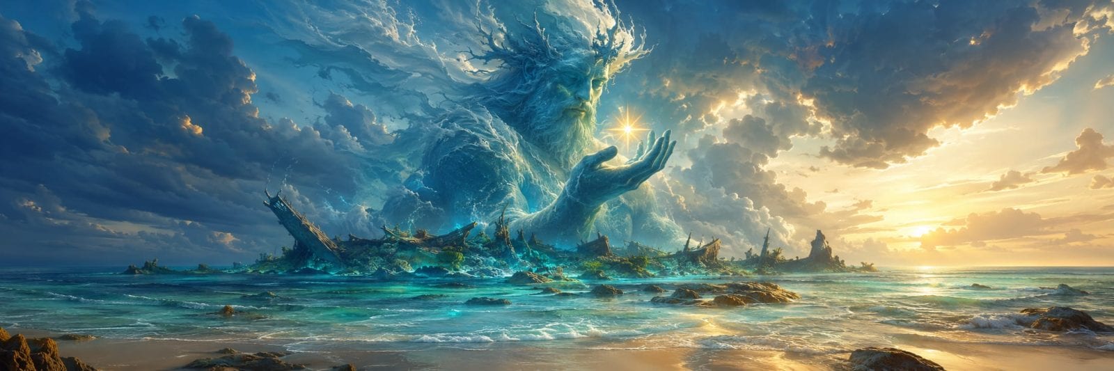 A giant ethereal figure emerges from the ocean, holding a glowing star beneath dramatic clouds and sunlight.