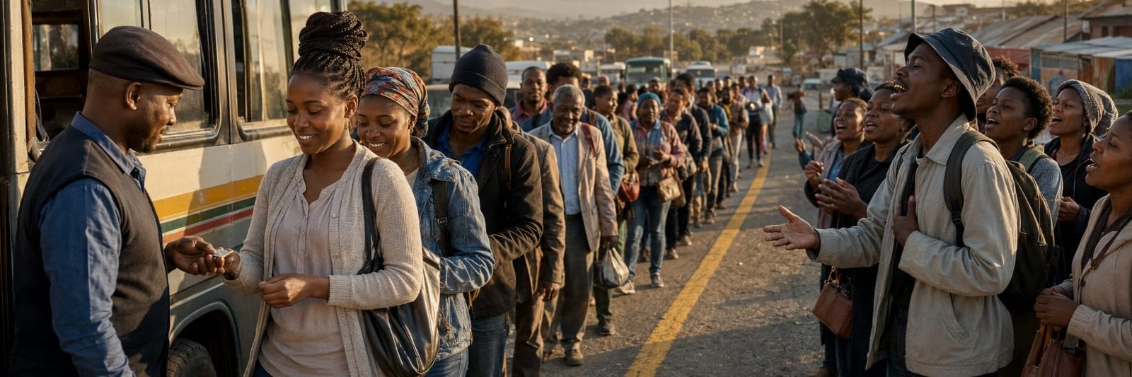 People line up to board a bus while others on the roadside sing and clap in celebration.