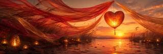 A glowing heart-shaped lantern reflects on calm water at sunset, merging fantasy elements with tranquil natural scenery.