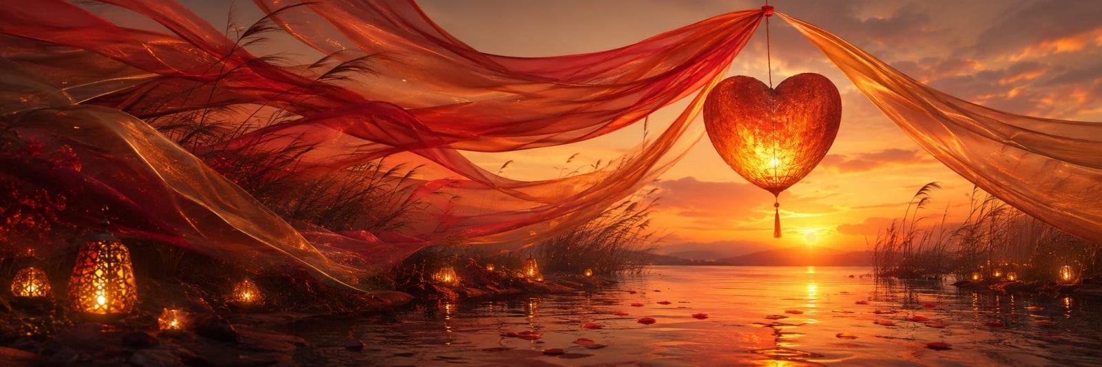 A glowing heart-shaped lantern reflects on calm water at sunset, merging fantasy elements with tranquil natural scenery.