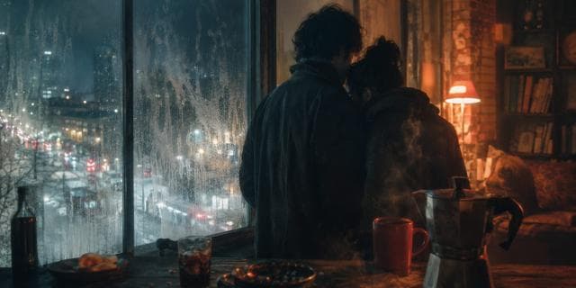 Two people stand by a foggy window at night, sharing coffee and books in a cozy, inviting room.
