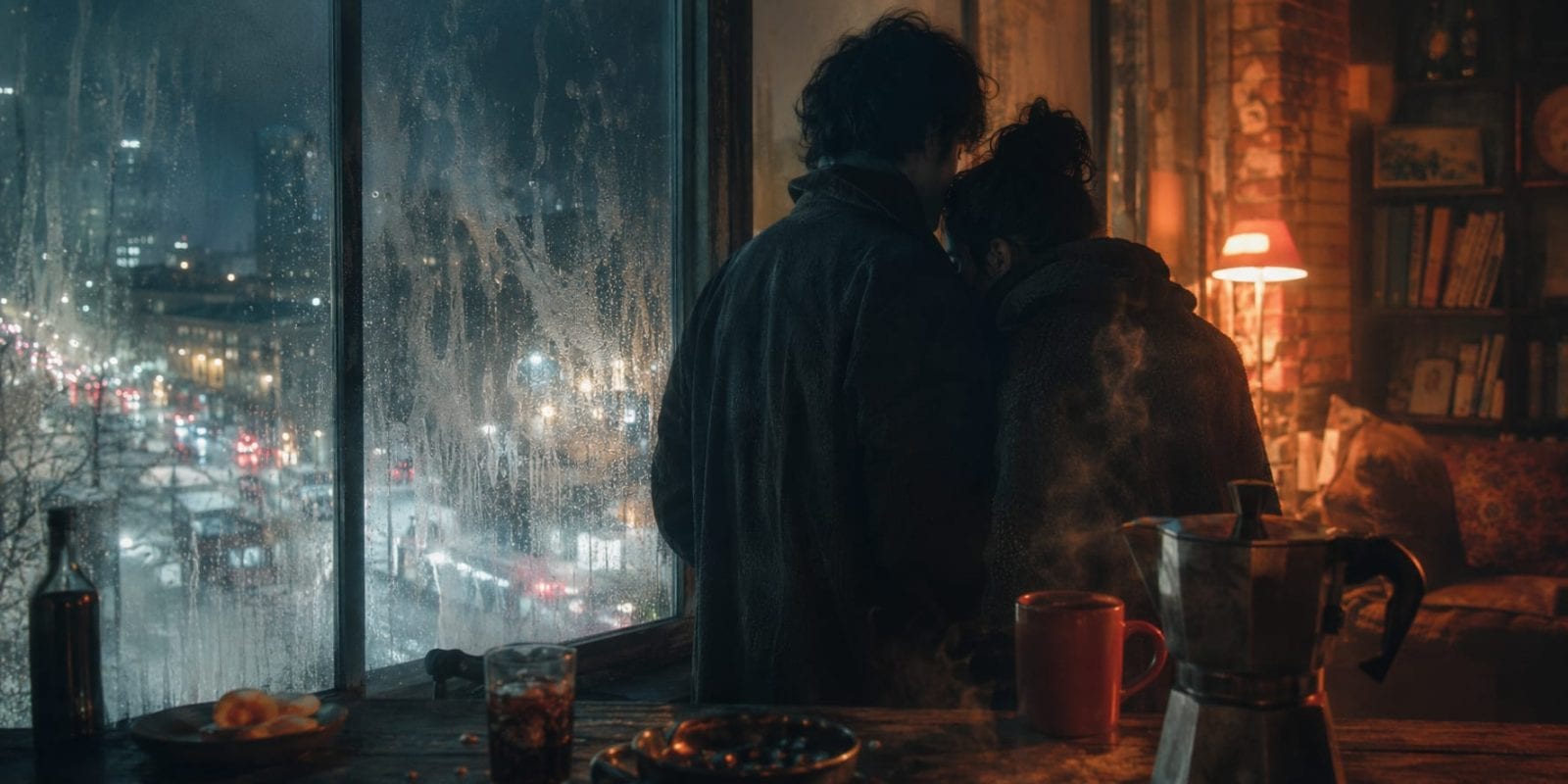 Two people stand by a foggy window at night, sharing coffee and books in a cozy, inviting room.
