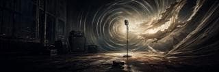 A vintage microphone on stage with swirling lights and torn drapes in a dim, abandoned room.