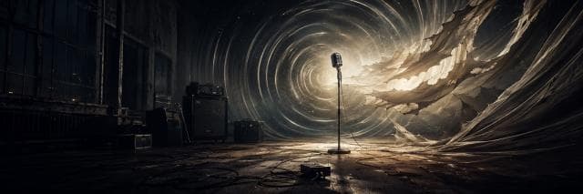 A vintage microphone on stage with swirling lights and torn drapes in a dim, abandoned room.