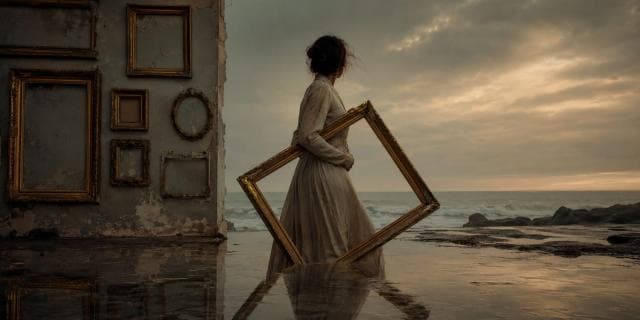 A woman in a long dress holds an empty frame by the sea, standing before a wall of empty frames at sunset.