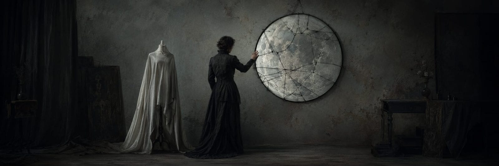 A woman in dark clothing touches a cracked mirror, with chaos reflected near a draped mannequin in a vintage room.