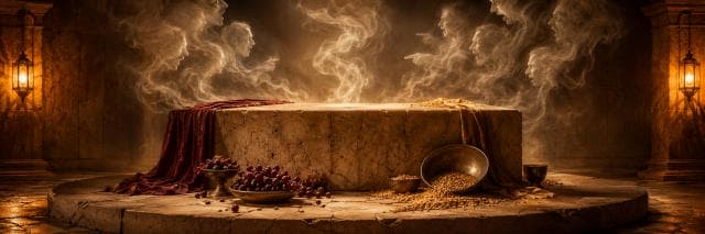 A stone altar holds grains, grapes, and red cloth as ghostly faces swirl in smoky chaos above the ancient room.