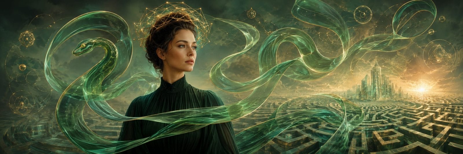 A woman in dark clothes stands beside a maze, glowing green serpent, and city as swirling patterns symbolize nature and reflection.