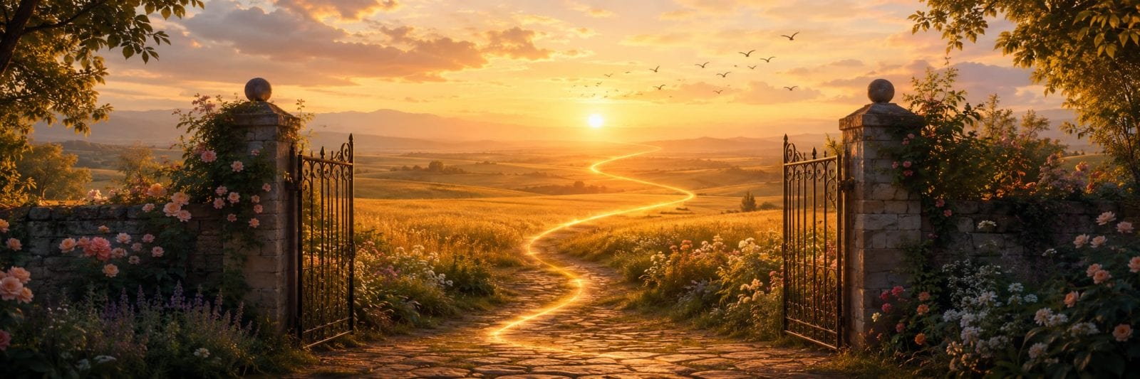 Open iron gates reveal a glowing path through a flowered field at sunset as birds fly overhead.