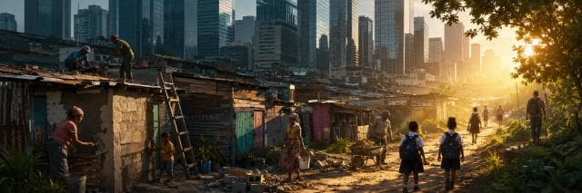 Children walk on a dirt path beside makeshift homes, with a modern city skyline in the background at sunset.