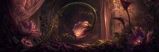 A surreal, large flower on a curved stem glows in an ornate room with pink drapery, creating a sense of chaos.
