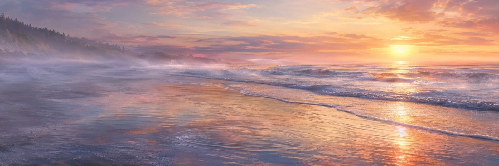 Calm beach at sunrise with gentle waves, mist, and a colorful sky reflecting on wet sand.
