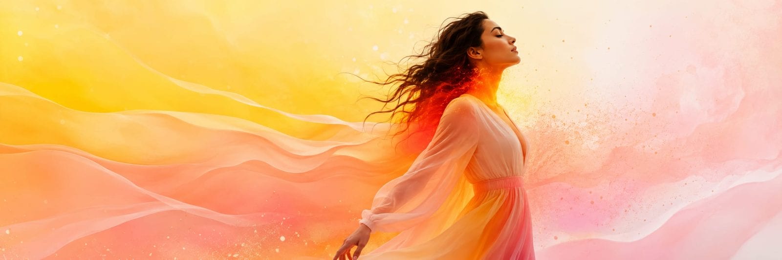 A woman in a flowing dress stands with eyes closed as pink fabric billows around her in a dreamlike setting.