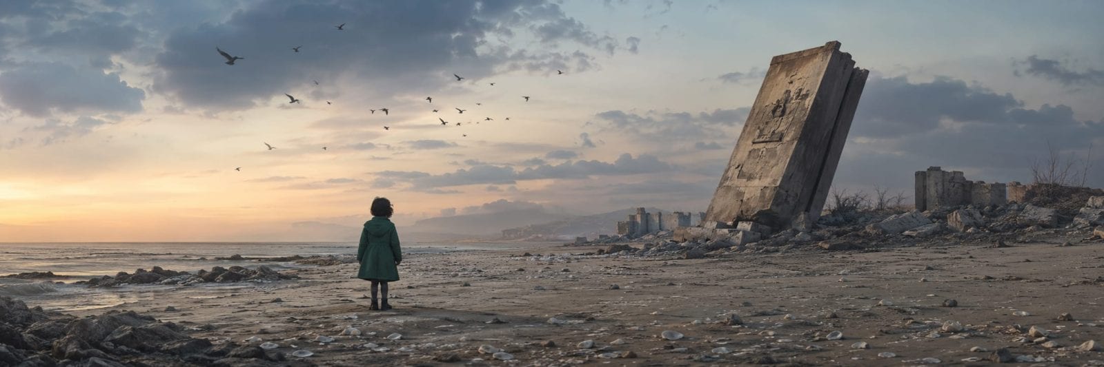 A child in a green coat stands on a debris-strewn beach, facing ruins beneath a cloudy sky filled with birds.