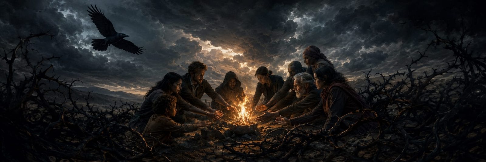 Nine people gather around a campfire beneath dramatic clouds, with a crow overhead suggesting looming chaos.