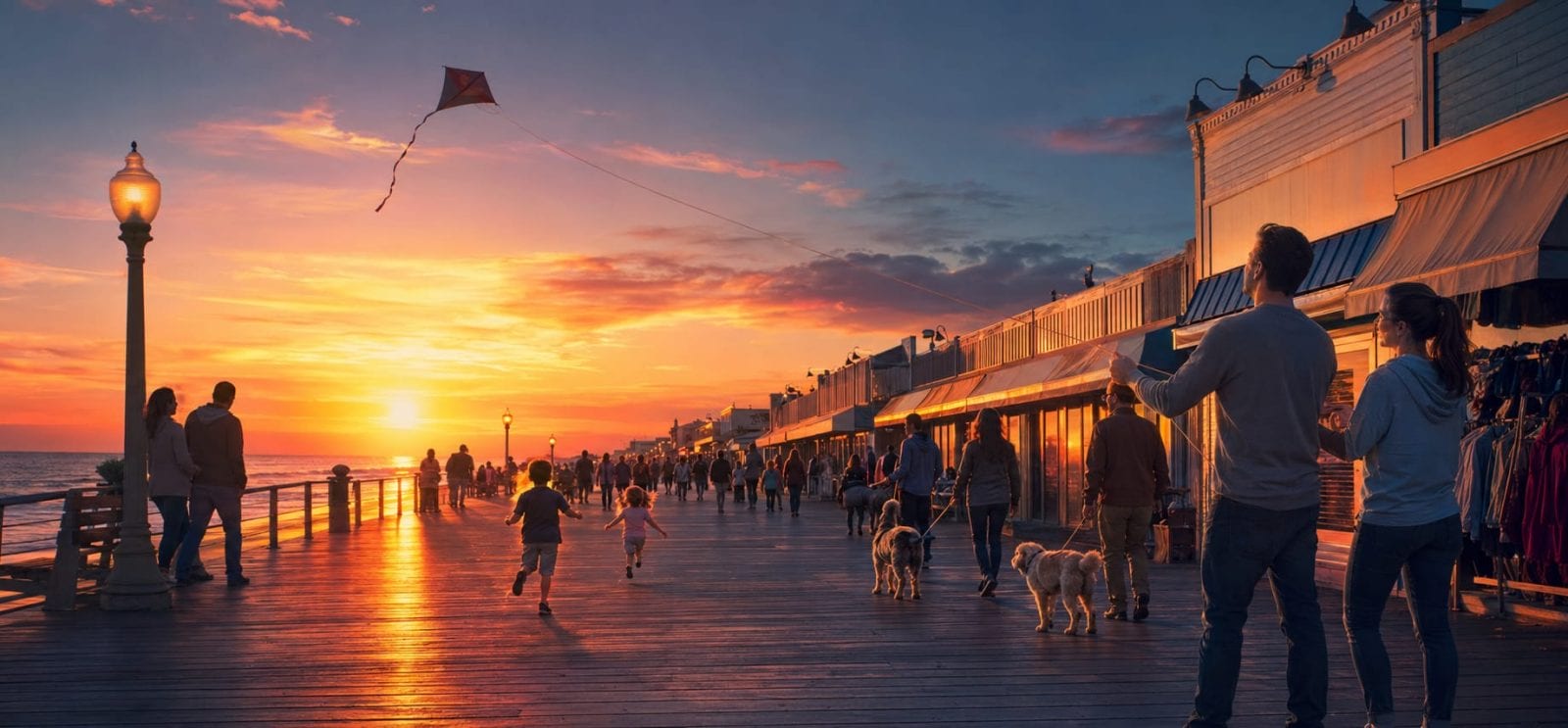 People walk along a boardwalk as kids fly kites and dogs stroll past shops on the right.