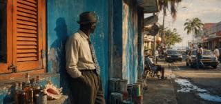 A man in a hat leans against a blue wall as cars, people, bottles, and paint cans move around him.