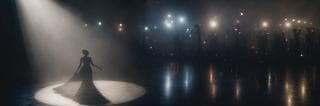 A woman in a gown stands in a spotlight, facing cameras in a misty, chaotic auditorium.
