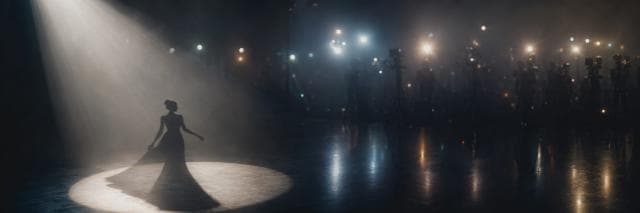 A woman in a gown stands in a spotlight, facing cameras in a misty, chaotic auditorium.