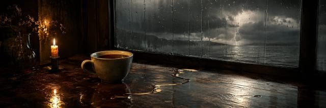 A lit candle and mug sit on a table beside a rain-soaked window, reflecting the calm indoors against stormy weather outside.