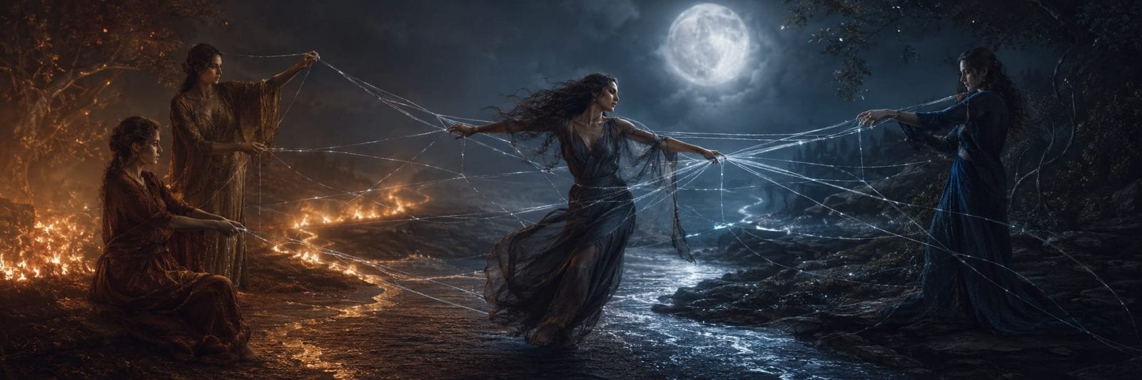 Three women in flowing dresses hold glowing threads by a river beneath a full moon.
