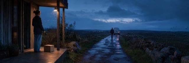 One person stands on a porch looking at a package while another walks toward a van on a wet rural road.