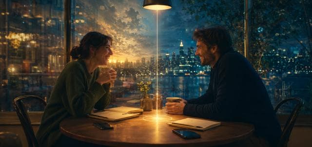 Two people share smiles and conversation at a cafe table with a sunset city skyline glowing in the background.
