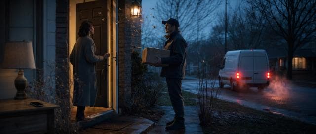 A delivery person hands a package to a woman by a van on a rainy evening, with satire suggested in their interaction.