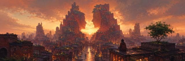 A person on a rooftop overlooks surreal red ruins at sunset, with two tall towers framing a glowing sky.