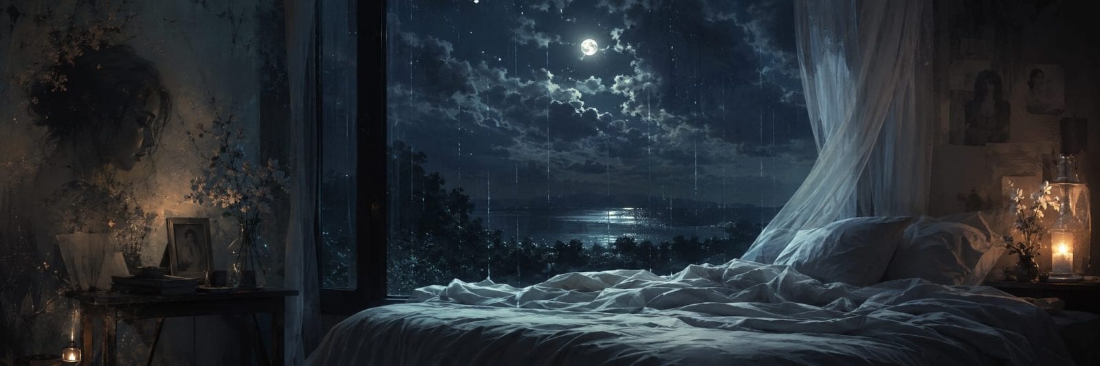 A bedroom with rumpled sheets and candles, moonlight streaming in, as storm clouds gather over a lake outside.