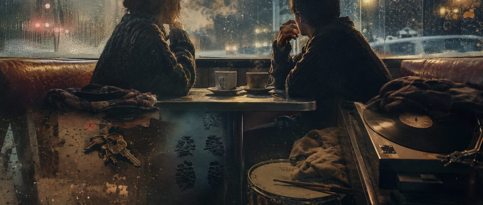 Two people sit at a diner booth with coffee, quietly reflecting as rain falls outside the window.