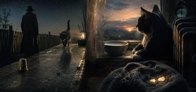 A cat sits on a windowsill, looking outside at another cat and a person by the fence; a thimble and bowl rest nearby.