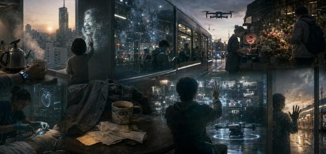 Futuristic city scenes with people engaging with holograms and drones in imaginative digital-physical environments.