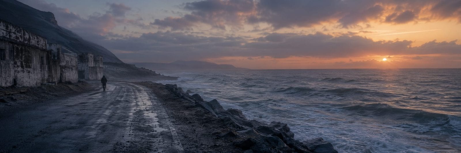 A person walks on a wet coastal road at sunset as waves crash nearby and dark clouds gather overhead.