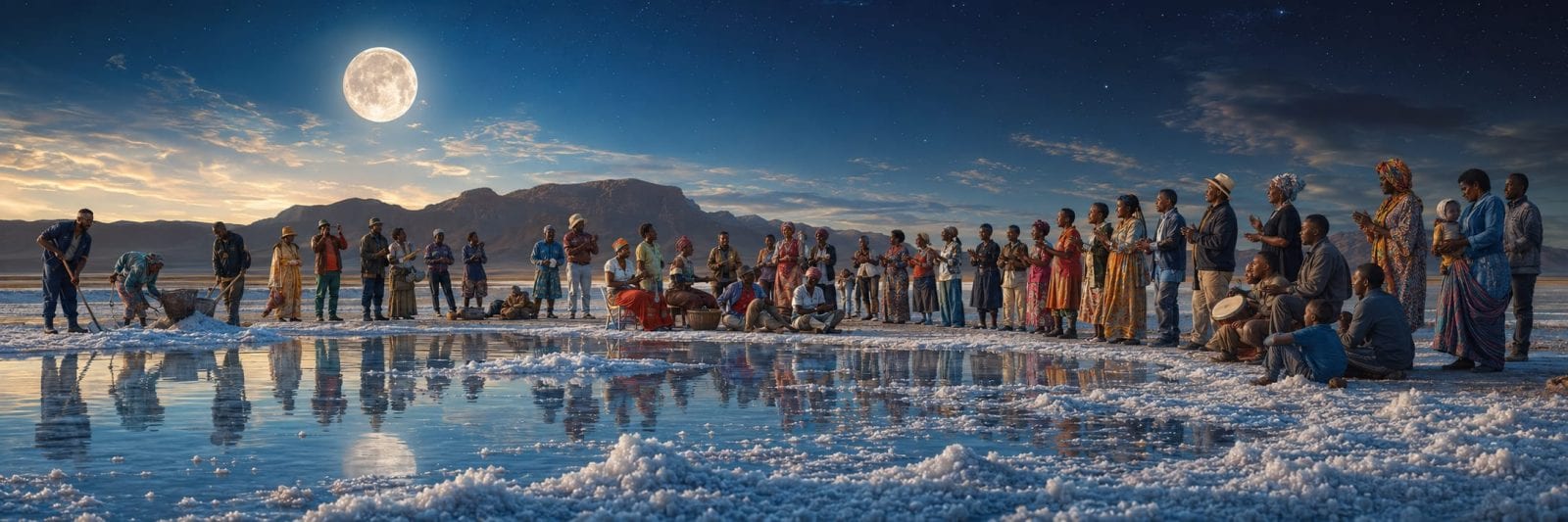 A group forms a circle on a reflective salt flat under a full moon and starry sky, united in strength and spirit.