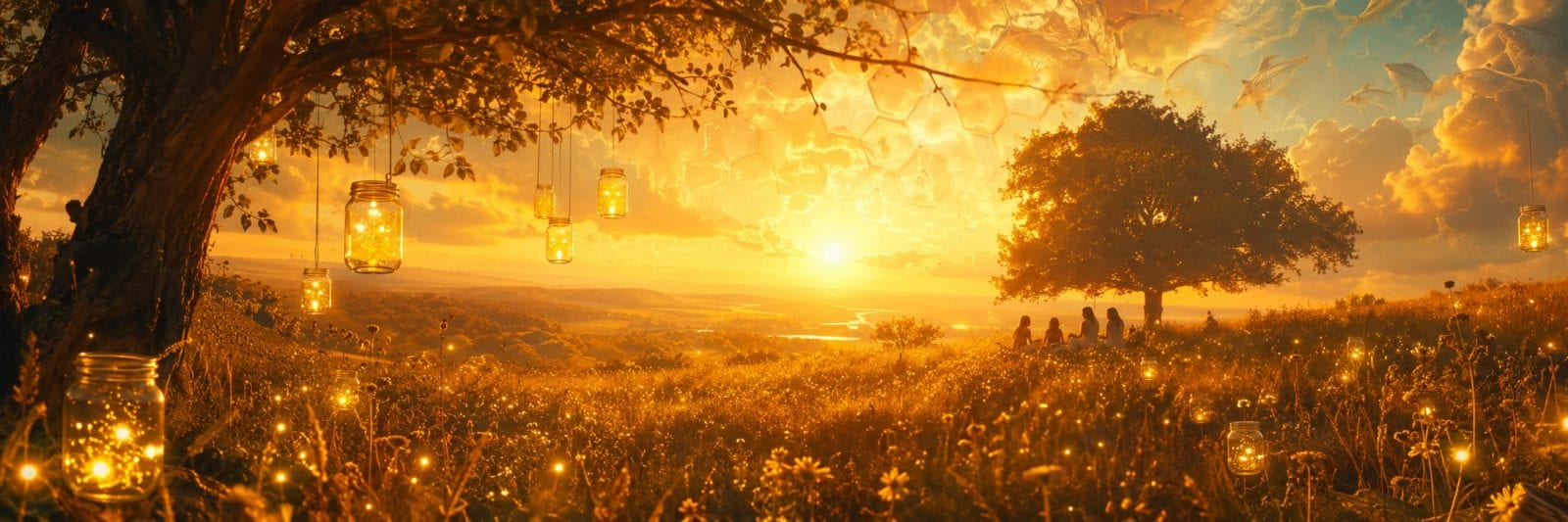 Golden sunset over a meadow, people sit under a tree as jars of lights glow nearby, creating a calm and peaceful scene.